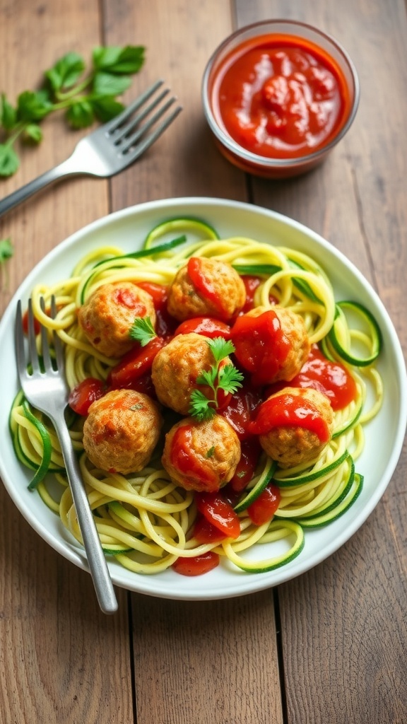 Healthy Air Fryer Turkey Meatballs with Zoodles Air fryer turkey meatballs on zoodles with marinara sauce and parsley on a wooden table.